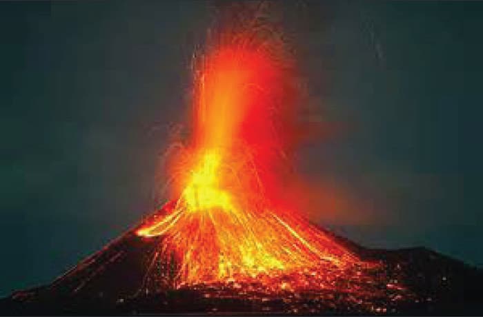 Red lava shooting from volcano